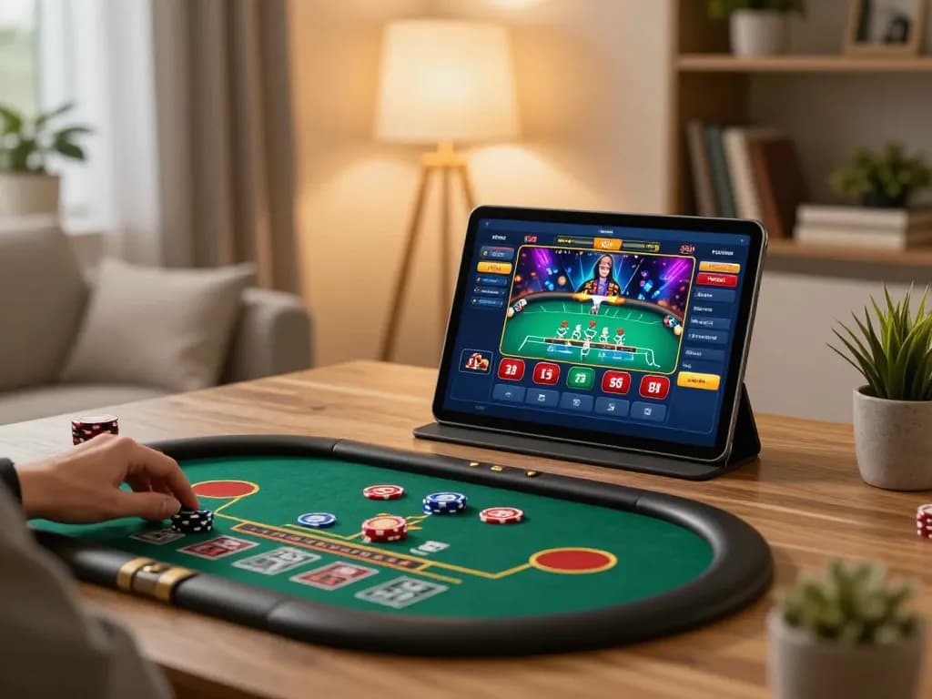 Engaging in live poker game at home with 789WIN tablet setup, highlighting strategic gaming moments