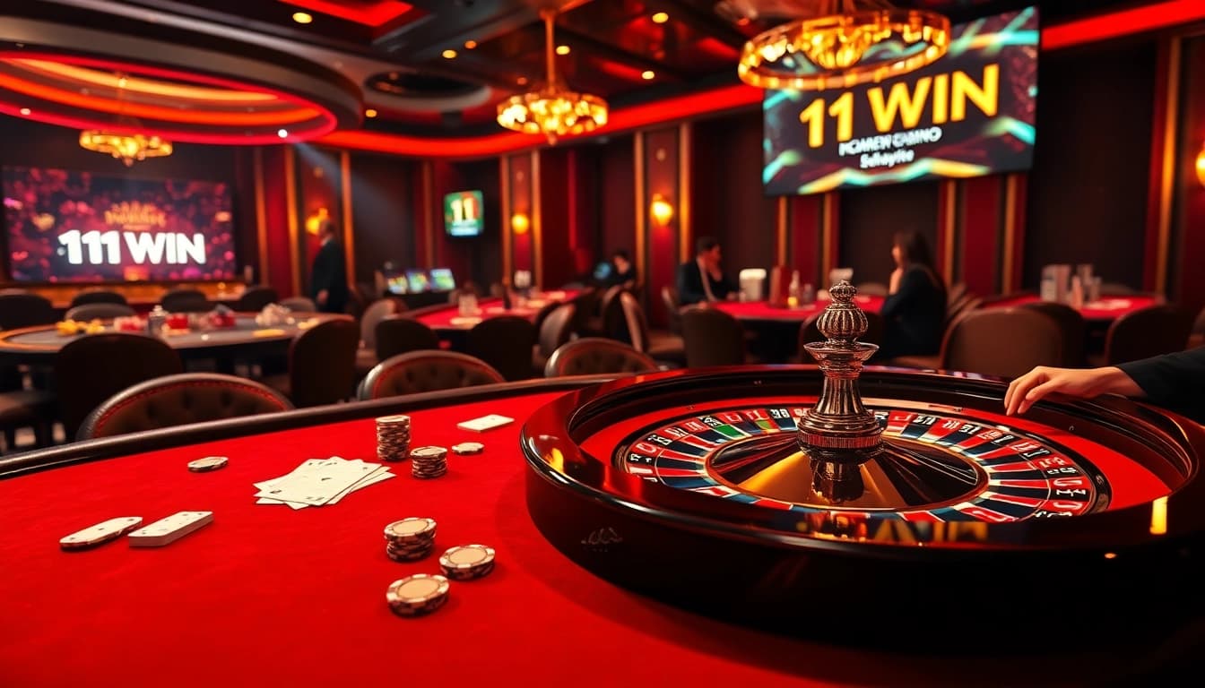 Players celebrating a big win at the poker table featuring the 11 WIN logo in a luxurious casino setting.