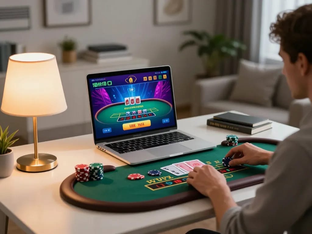 Playing live dealer baccarat on 9bet in a stylish home office environment.
