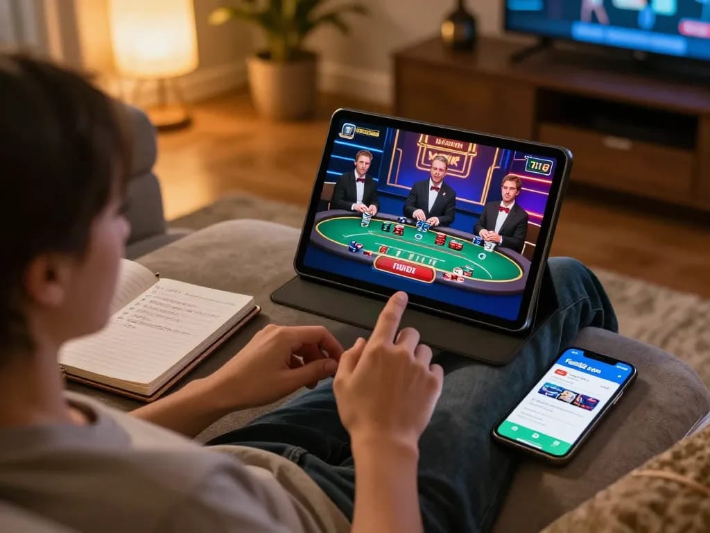 Engaging in live dealer blackjack on Fun88 com app with strategic notes on side.