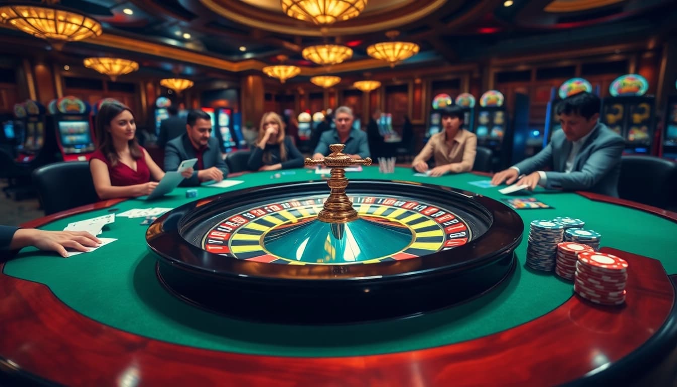 The thrill of high-stakes gambling at https://da88st.com/ with a vibrant casino scene featuring roulette and poker.
