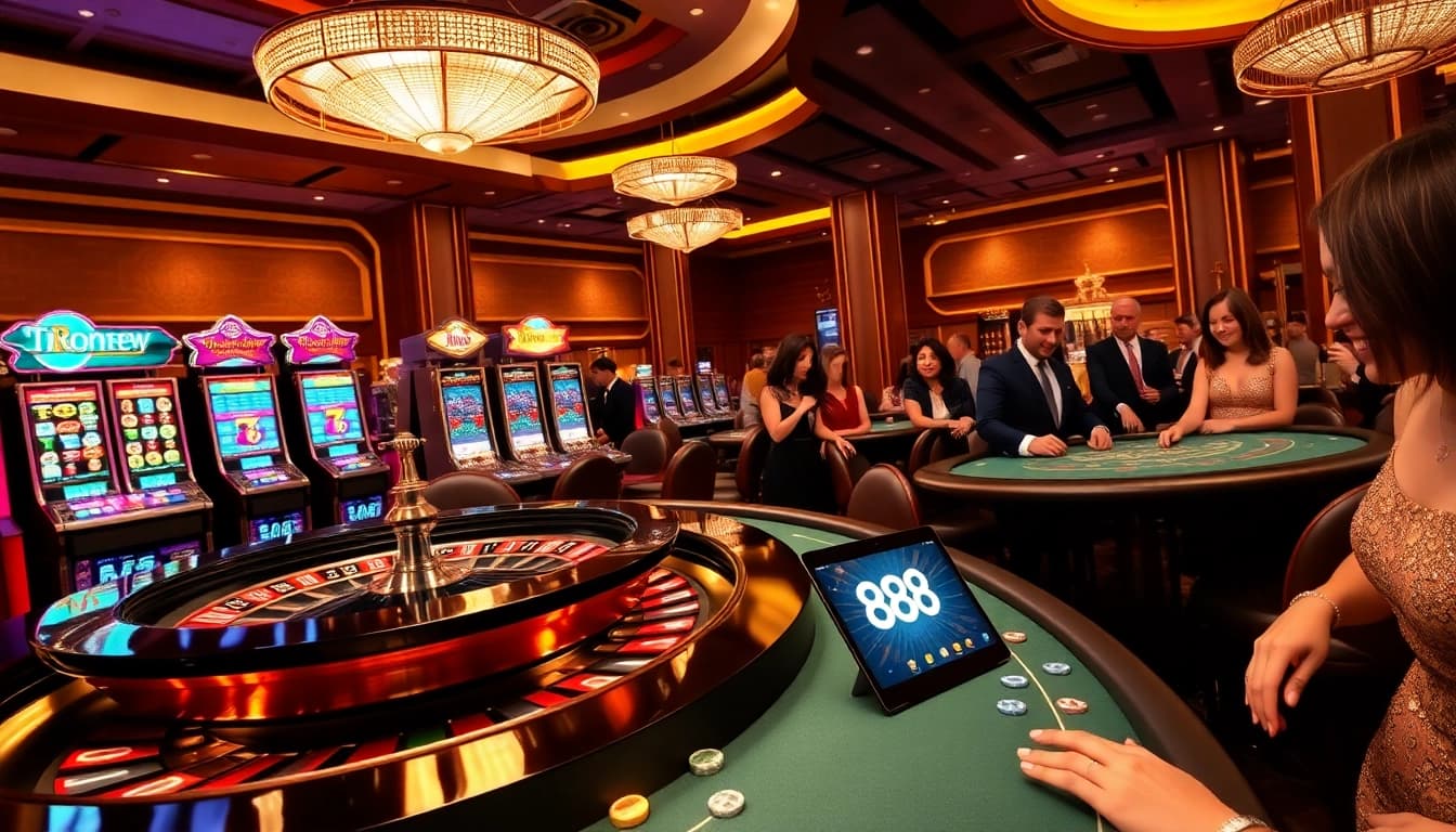 Experience the thrill of casinos with 888new, showcasing dynamic gaming moments and luxury elements.