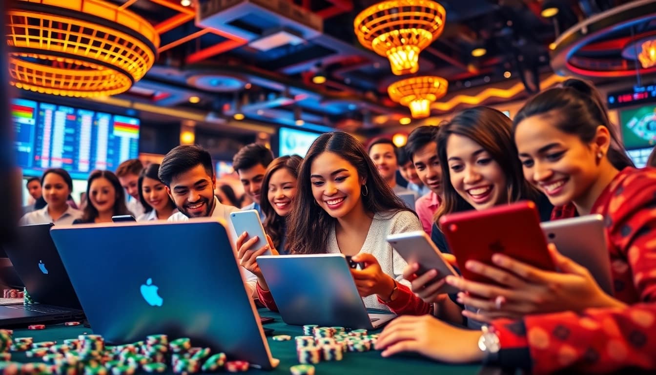 Exciting online gambling scene featuring diverse players, showcasing nhà cái uy tín.