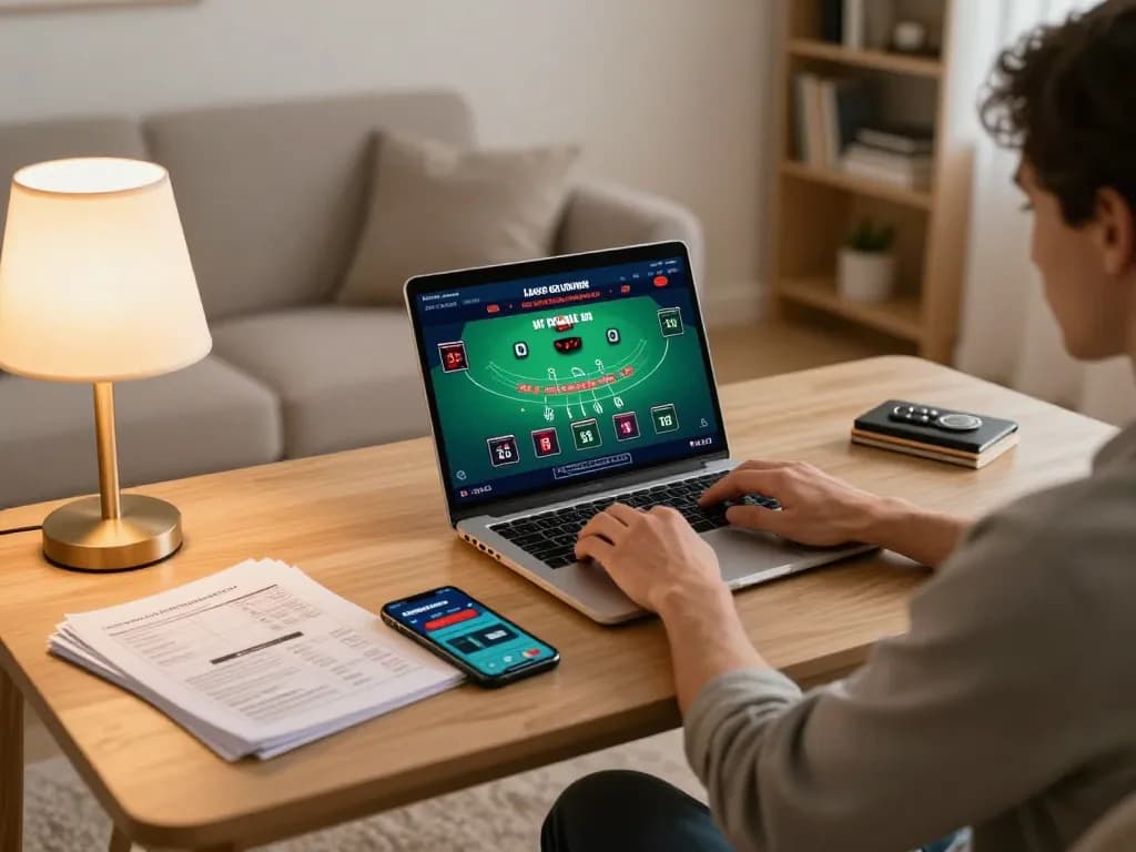 Engaging in live blackjack game at home with LC88 casino on screen, showcasing strategic gameplay