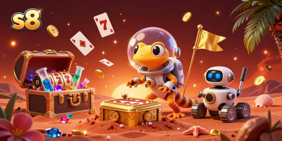 A Martian gecko discovers a golden casino in the sands of Mars while celebrating with colorful gems and slot reels at s8.