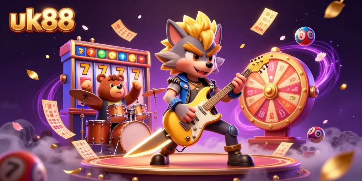 Engage in thrilling gaming at uk88 with lively wolves and bears on a vibrant casino stage.