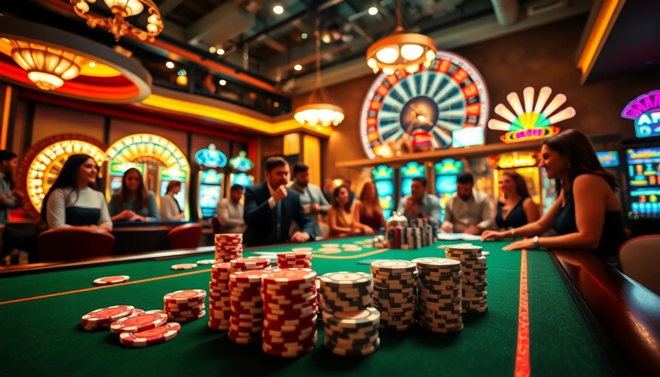 Excited players engaging in high-stakes games at a luxurious casino, representing soibet ออนไลน์'s thrilling betting experience.