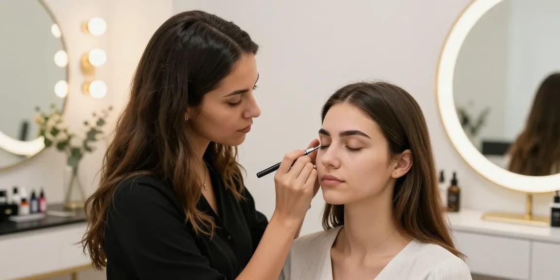 Permanente make-up wenkbrauwen applicatie in een schoonheidssalon met een vrouwelijke artiest die de wenkbrauwen verbetert
