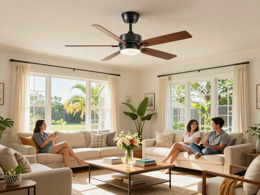 Ruimtelijke woonkamer met een plafond ventilator groot die de luchtcirculatie en stijl verbeterd.