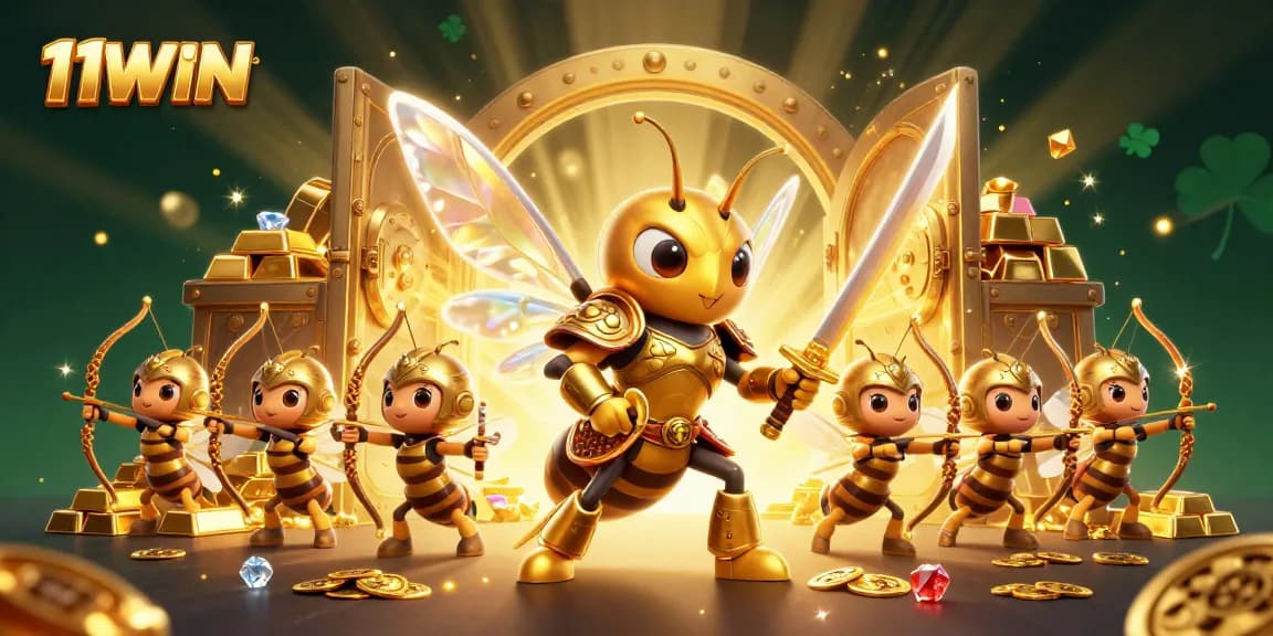 Experience the excitement of 11WIN with a dynamic casino-themed illustration showcasing bountiful treasures.