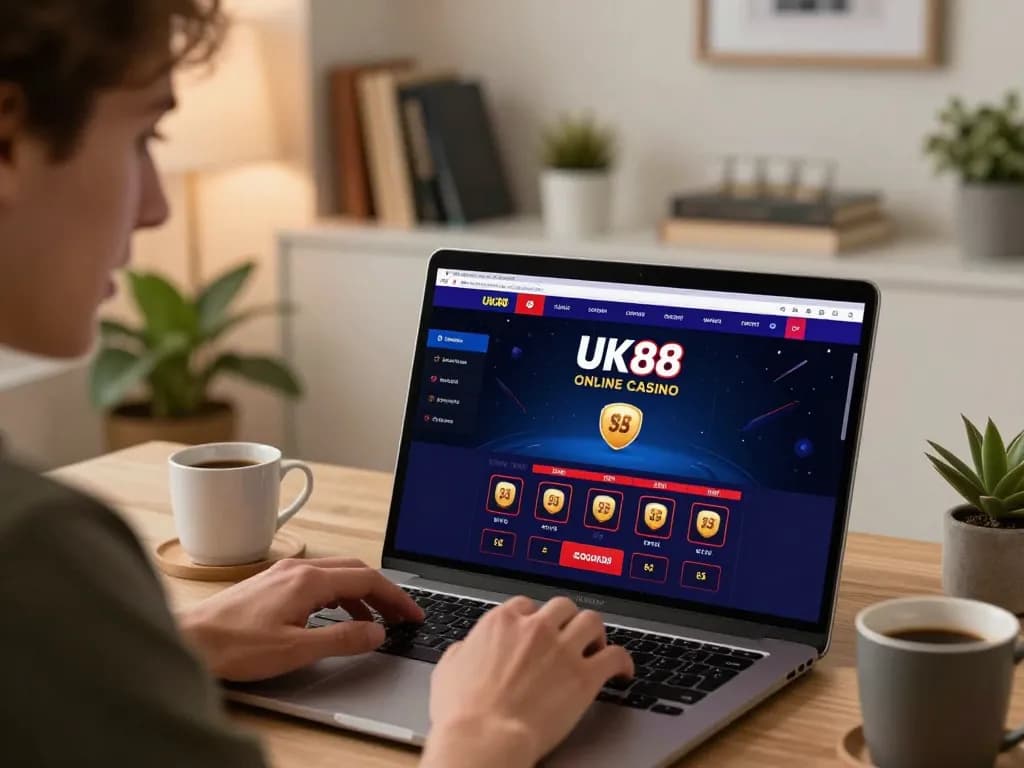 Player engaging with UK88 online casino on laptop, showcasing strategic betting in a cozy home setup.