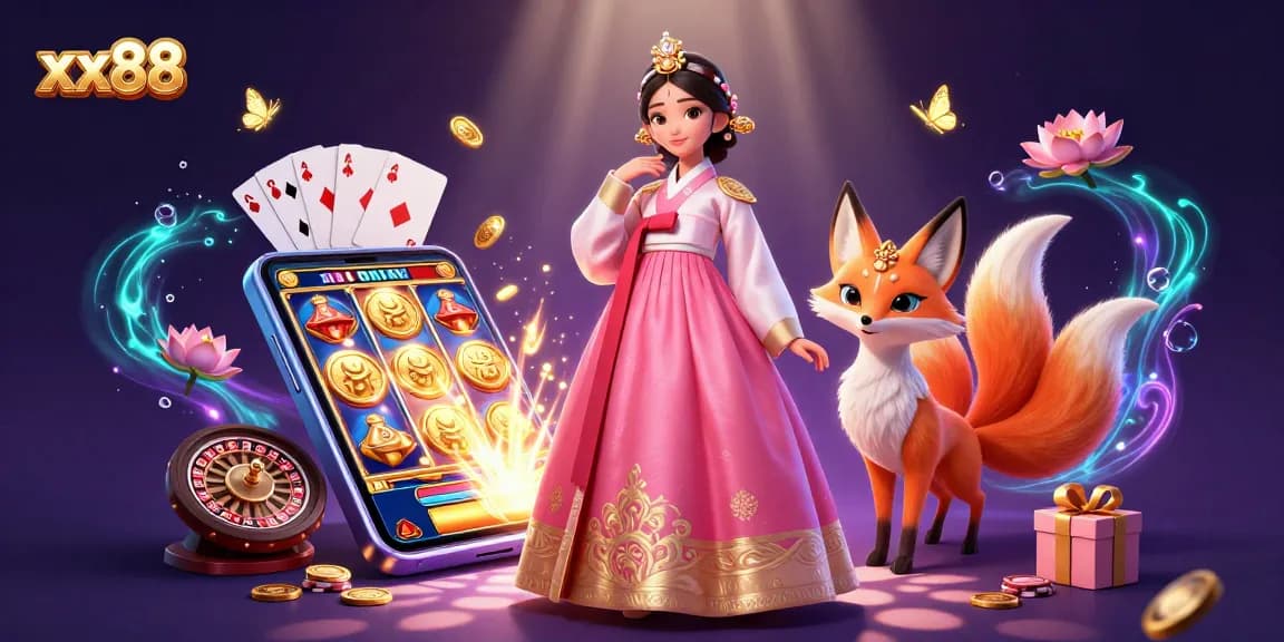 Experience the thrill of xx88 with vibrant slot games and enchanting visuals in this 3D casino illustration.