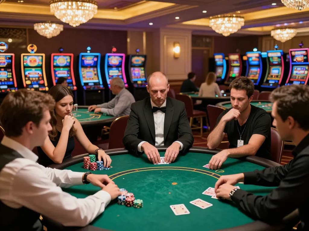 Red88 players enjoying an intense poker game with dealers shuffling cards and chips stacked high