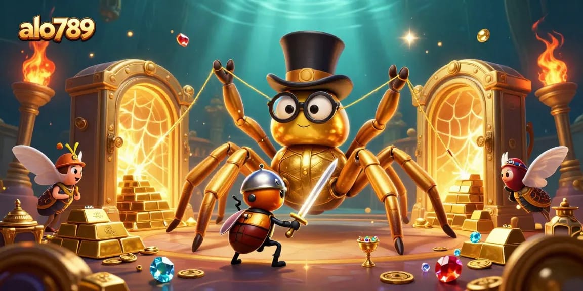Engage with alo789's dazzling gaming world featuring a golden tarantula and treasure elements.