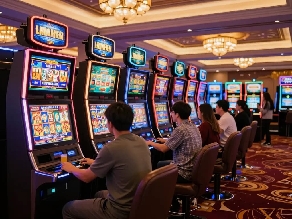 Players enjoying exciting slot games at hm 88 casino under vibrant lighting.