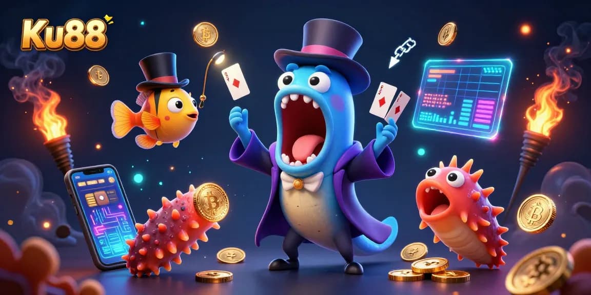 Ku88 takes center stage with enchanting sea creatures showcasing a magical card trick amidst cryptocurrency symbols.