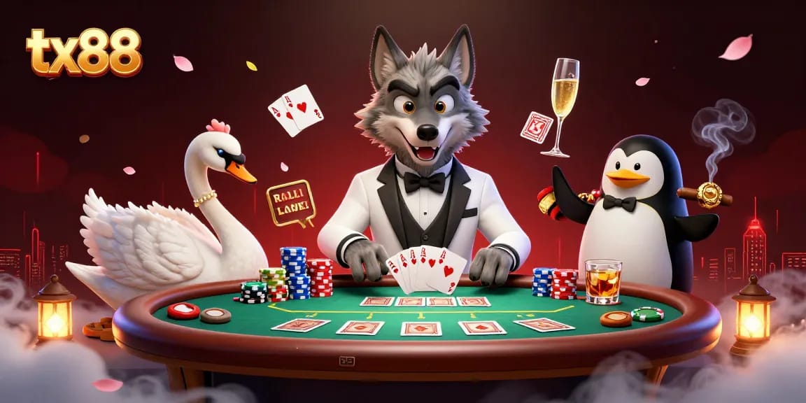 Experience luxury gaming at tx88 with a debonair wolf, elegant swan, and penguin sommelier in a lively casino scene.