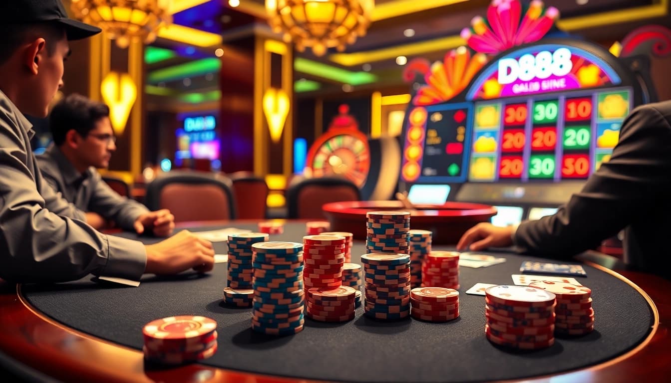 Exciting scene of poker with DU888 chips and cards highlighting high-stakes gambling atmosphere.