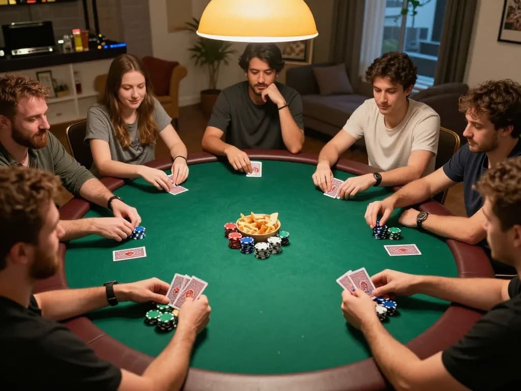 Engaged players experiencing keonhacai 88 during a thrilling home poker night, with chips and cards in action.