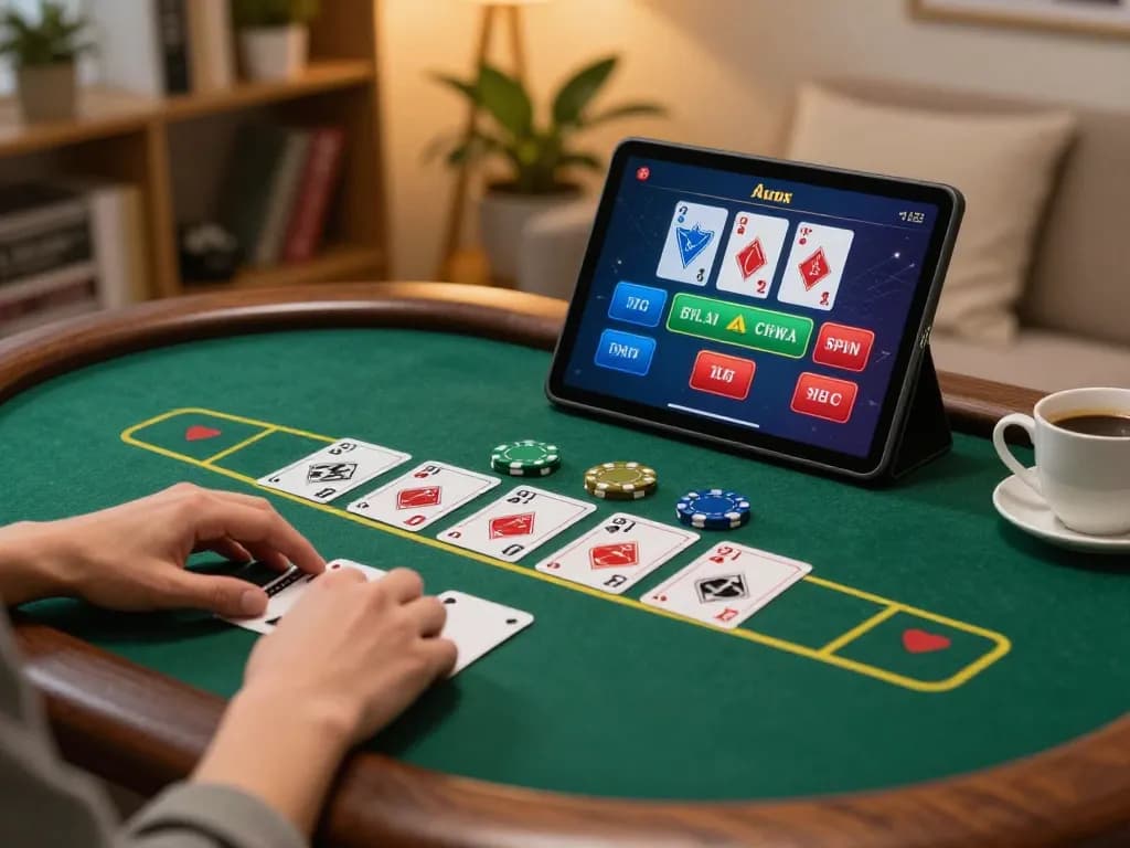 Player enjoying Go8 live dealer blackjack on a tablet, showcasing immersive gaming experience.