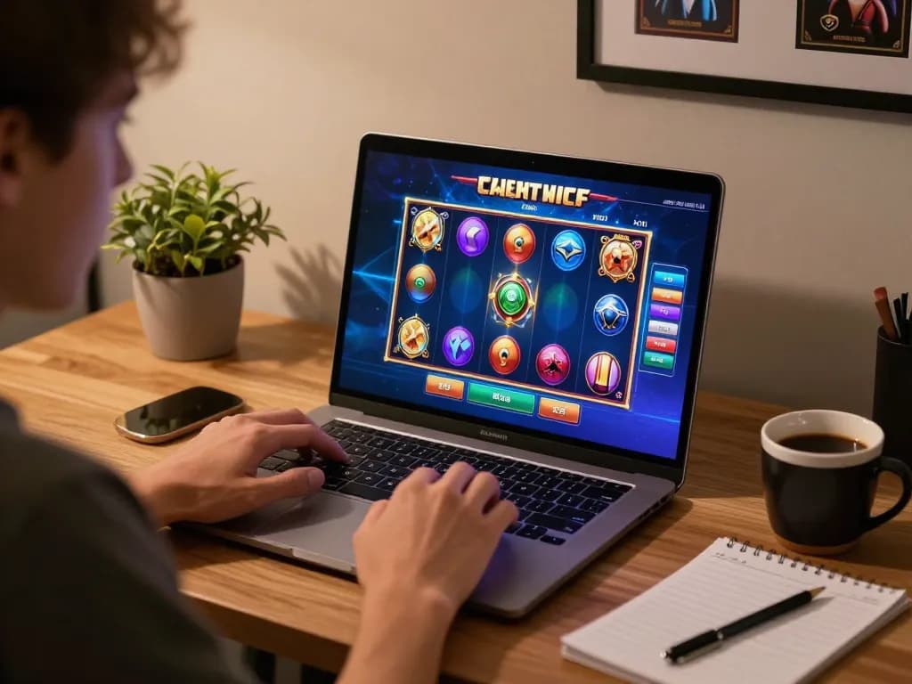 Engaged player enjoying vb88game on laptop in a cozy home setup with warm lighting and strategy notes