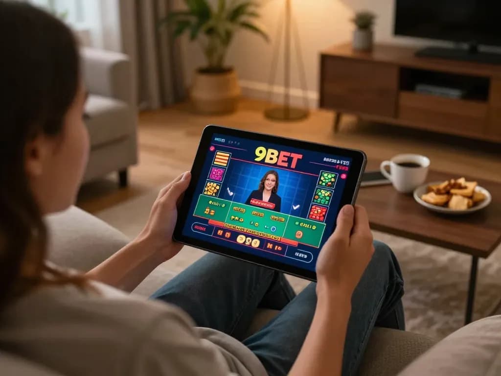 Engaging user enjoying live dealer games on 9BET tablet in cozy home setting.