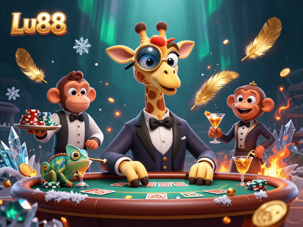 Experience the excitement of Lu88 with a high-roller giraffe at a VIP poker table, showcasing fun casino elements.