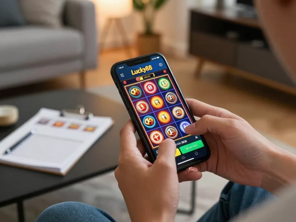Engaging Login Lucky88 via mobile app with vibrant slots game in modern living room