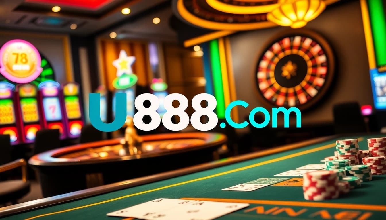 Engaging scene of U888 Com's vibrant casino with poker chips and roulette wheel.