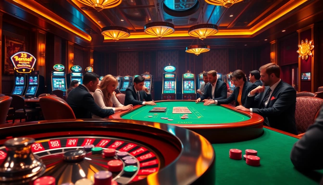 Experience the excitement of Go8 gaming at a luxurious casino with vibrant poker tables and roulette wheels.