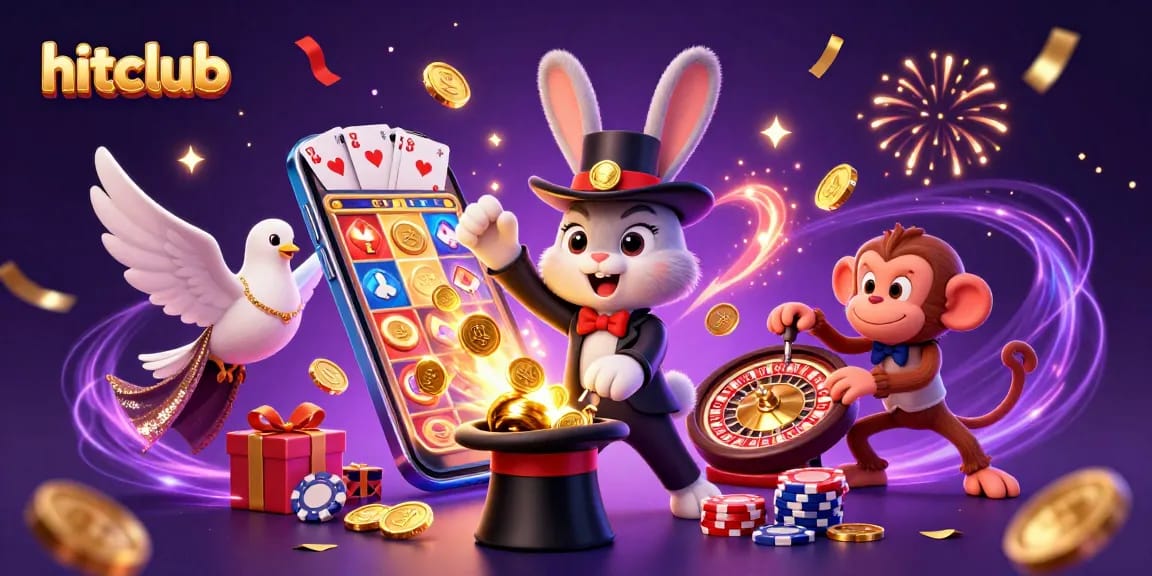 Join the magic of hitclub as the rabbit conjures coins in a vibrant casino scene.