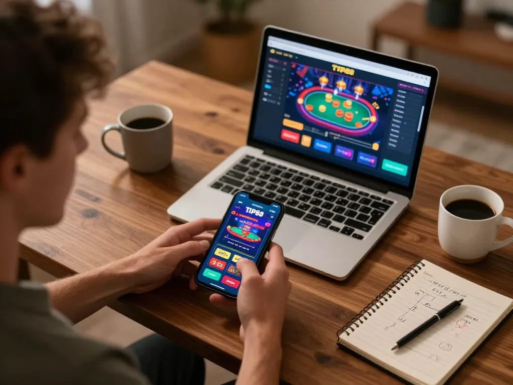 Experience TIP88 mobile gaming with a player using a smartphone at a stylish desk.