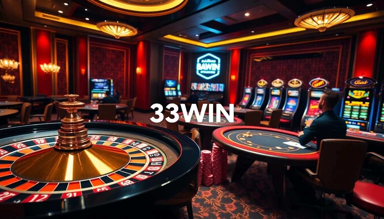 33WIN players enjoying an exciting roulette game in a luxurious casino environment.