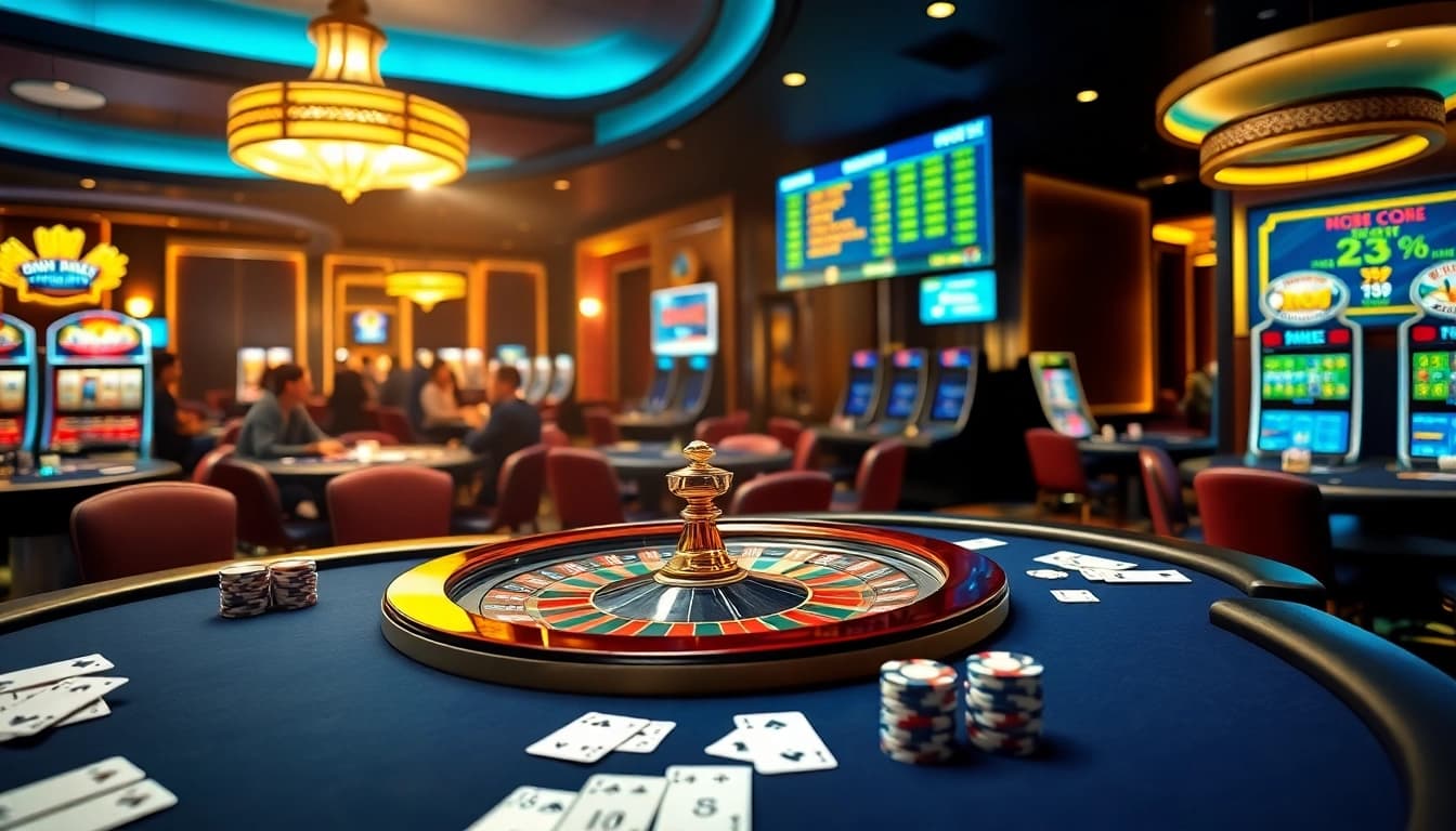 Players placing bets at roulette and poker tables in a vibrant casino atmosphere at https://mm88a.br.com/.
