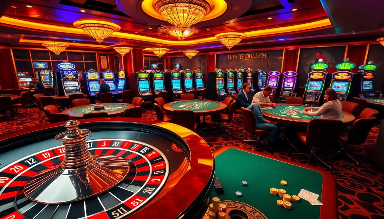 Experience the excitement of RR88 with vibrant casino tables, roulette wheels, and engaging players.