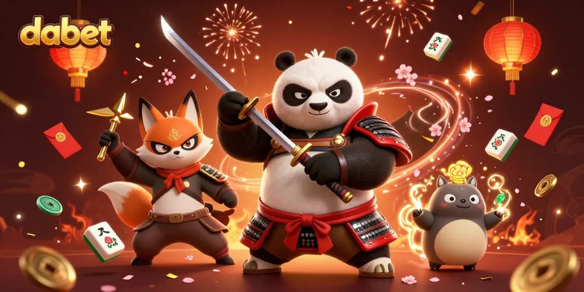 dabet showcases a dynamic casino scene with a samurai panda, ninja fox, and magical spirit tanuki amidst festive gambling elements.