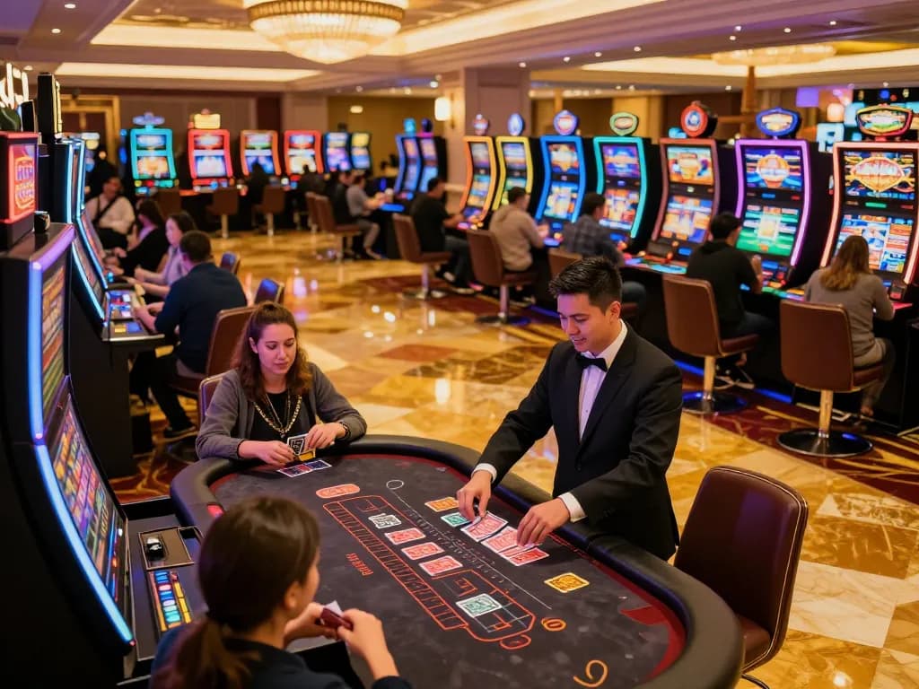 KJC players enjoying games at a bustling casino floor with vibrant slot machines and blackjack tables