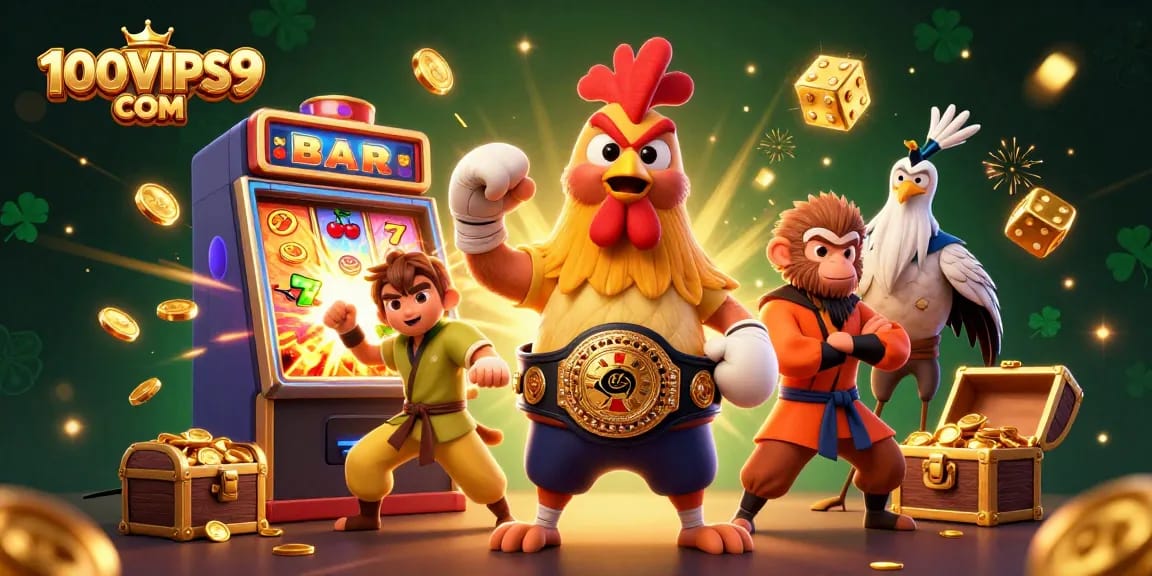 Win big with 100VIPS9 COM at the dynamic casino scene featuring vibrant games and characters.