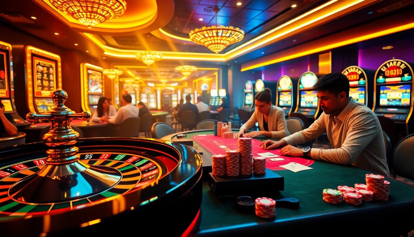 Xổ số hôm nay results showcased at a vibrant casino atmosphere with roulette and poker.