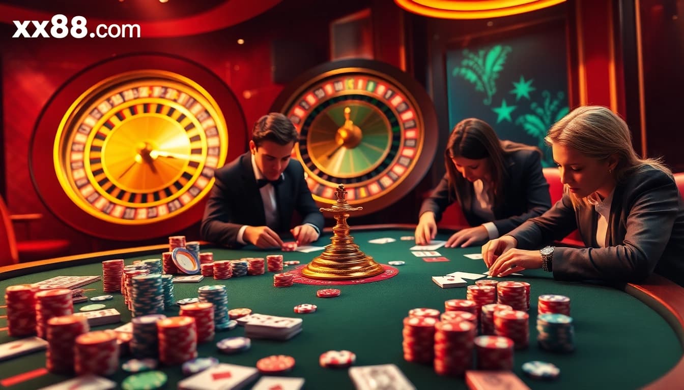 Players enjoying a vibrant casino experience at xx88.com, featuring chips, cards, and a roulette wheel.