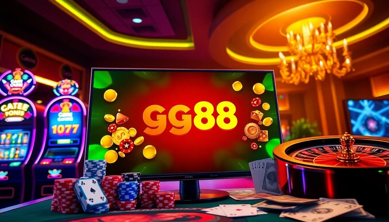 The gg88 apk logo showcased with vibrant slot machines and poker elements in an exciting online casino scene.