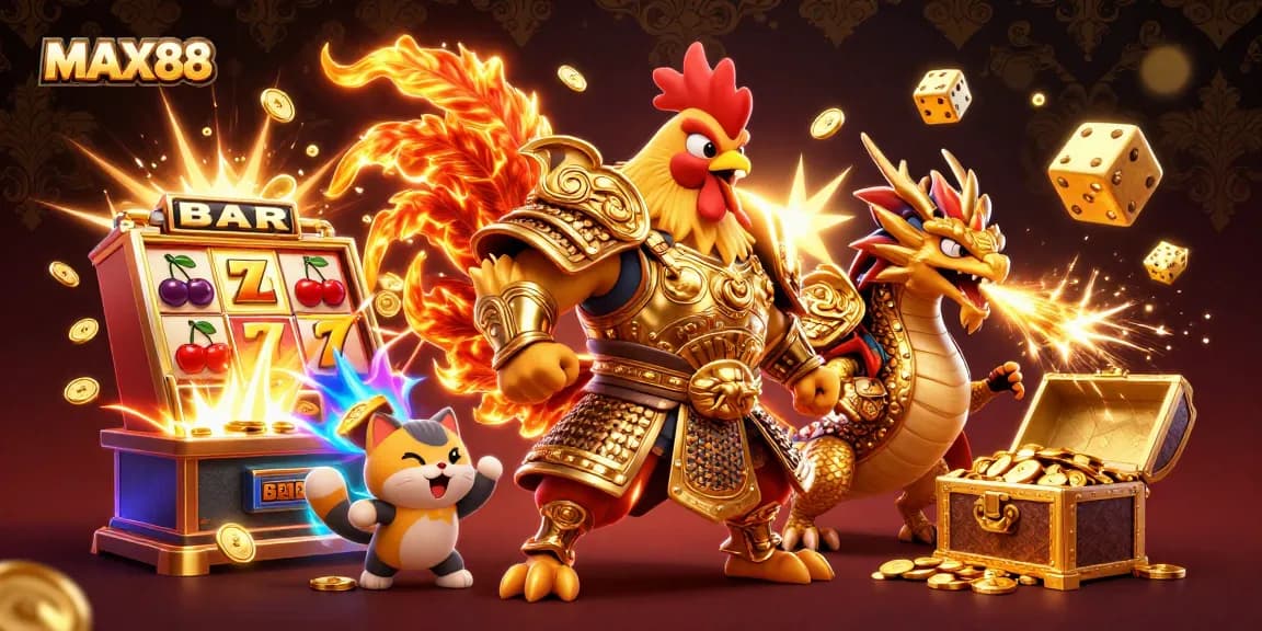 Experience MAX88 thrills with explosive jackpots, colorful gaming elements, and lucky symbols in a vibrant casino scene.