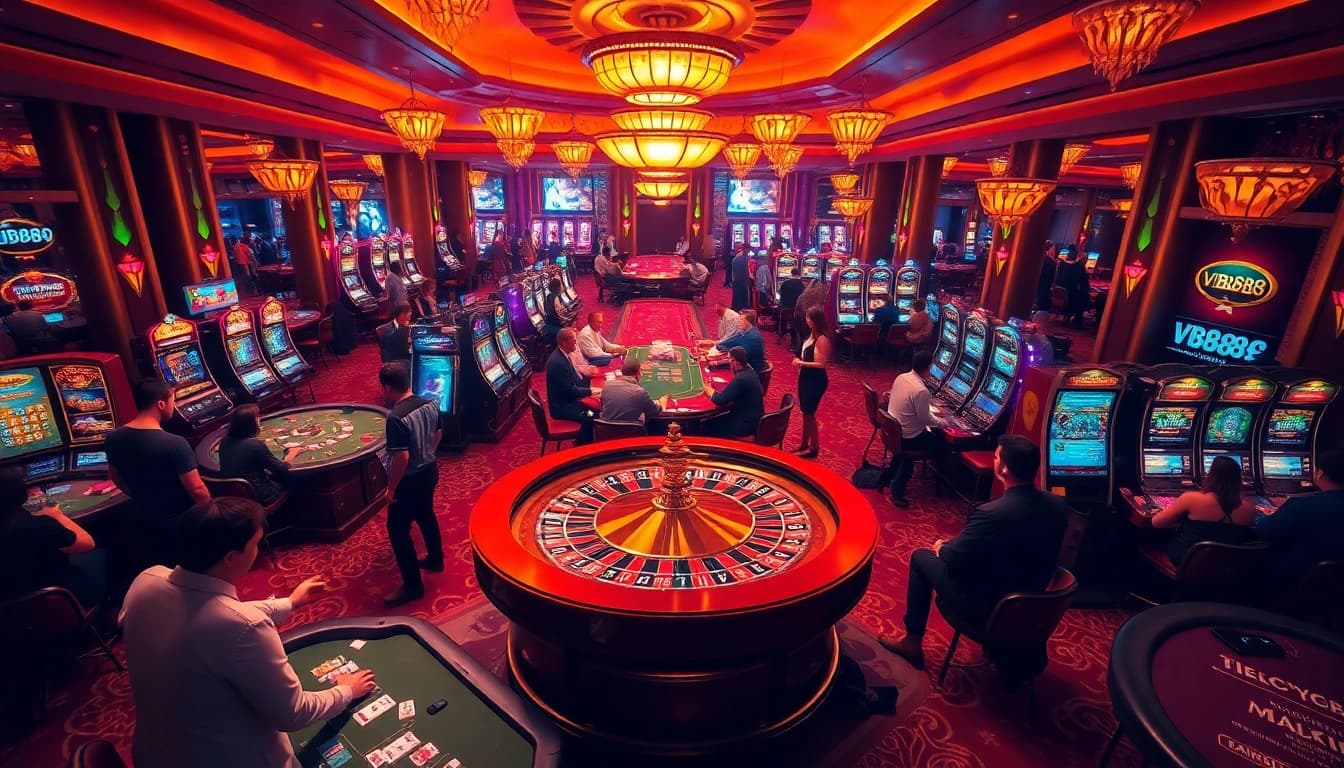 Experience the thrill of VB888 at a luxury casino, with players engaging at roulette and poker tables.