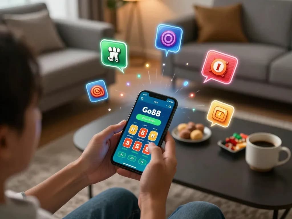 TẢI GO88 app on smartphone for engaging online gaming experience in a cozy home.