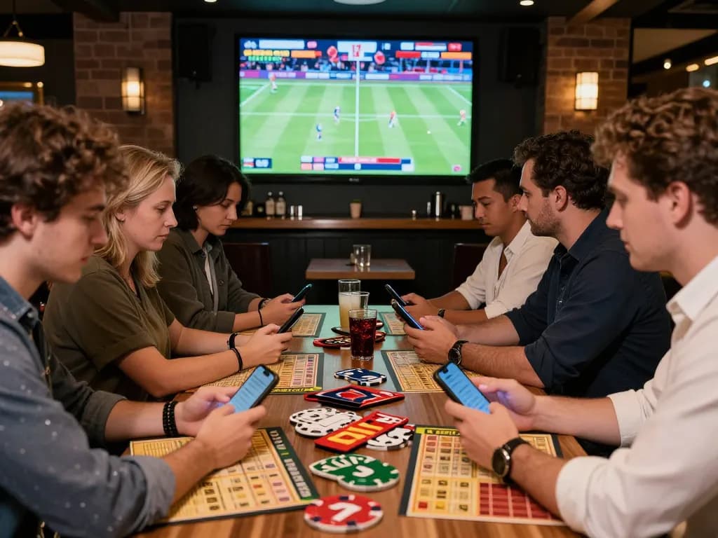 VIN88 users engaging with live sports betting apps in a lively sports bar atmosphere