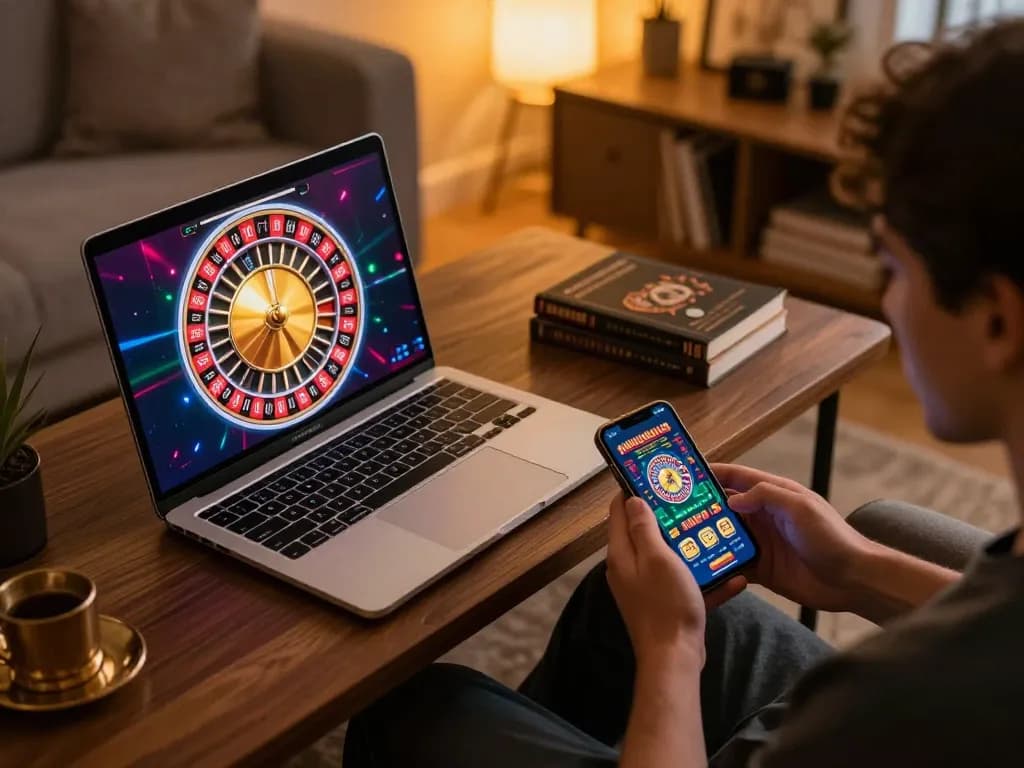 cm88 player enjoying online gaming with vibrant roulette graphics on laptop and smartphone in cozy setting