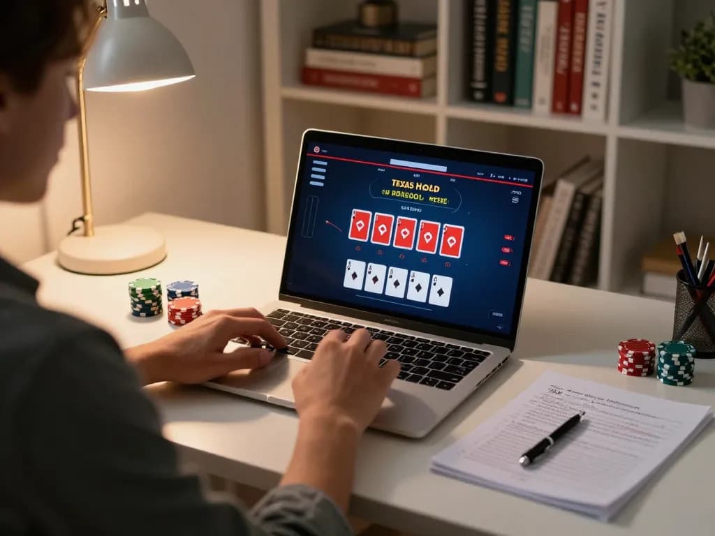 Engaged in strategic poker gameplay on tx88casino from a cozy home office.
