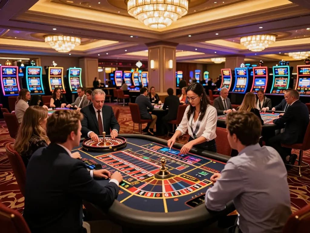 Engaged players at DA88 roulette table, croupier spinning wheel, vibrant casino atmosphere