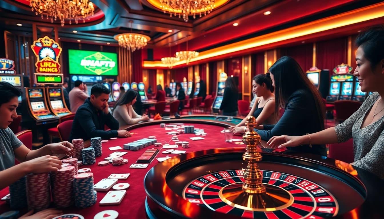 Engage in the excitement of KM88 with vibrant casino tables filled with chips and cards.