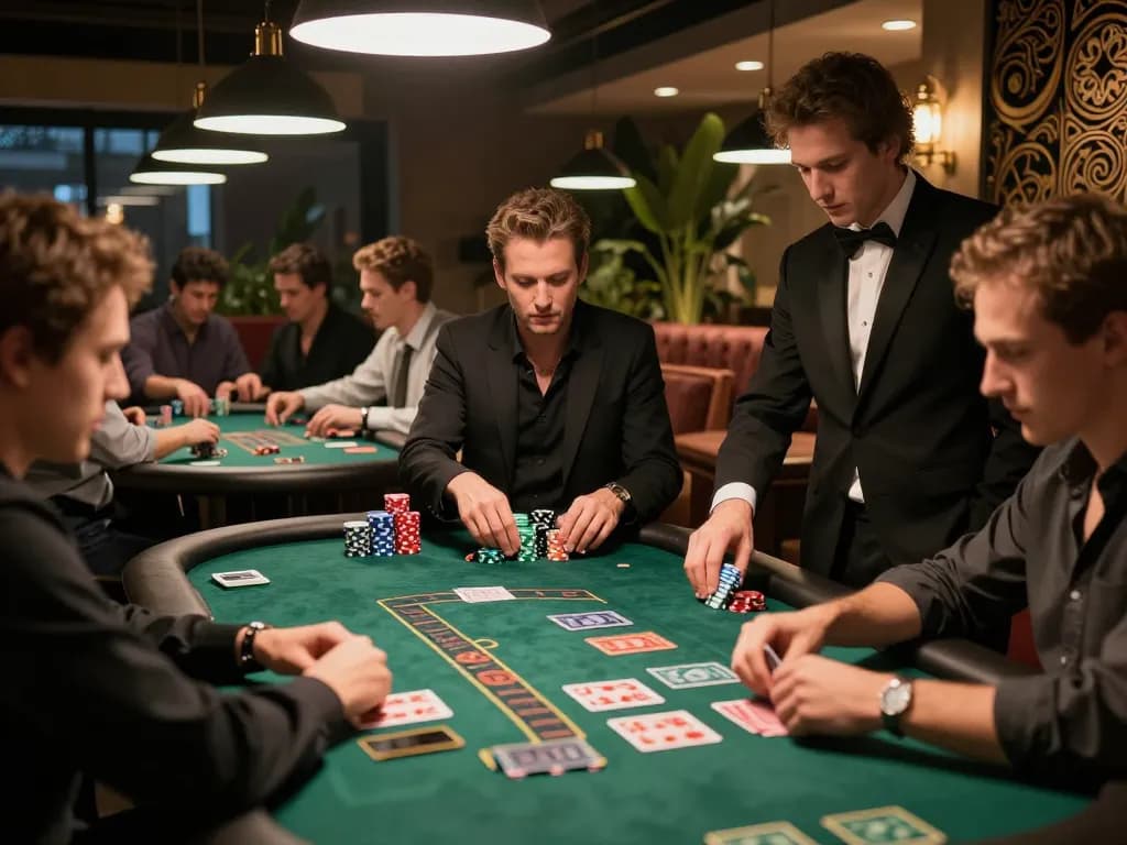 Players strategizing at 11bet1 blackjack table in a sophisticated gaming lounge